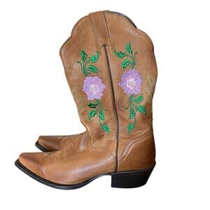 J.B. Dillon Brown Goat Skin Embroidered Floral Western Cowboy Boots size 8